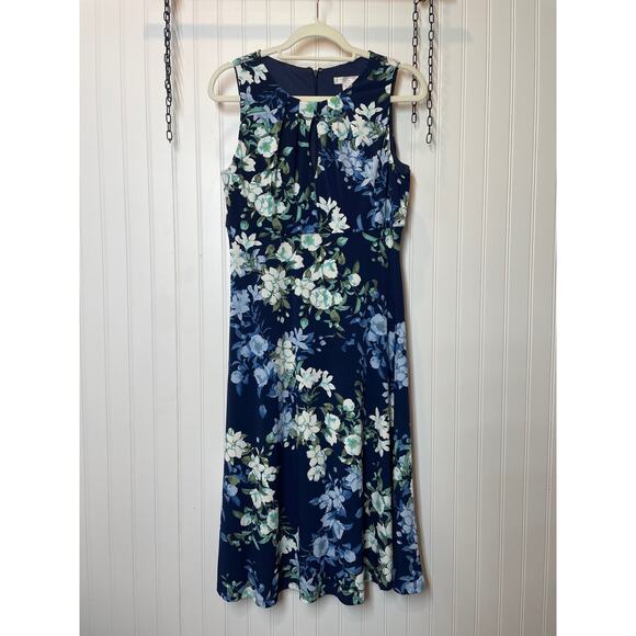 London Times Blue Floral Keyhole Pleated Midi Dress Sleeveless Womens Size 10P - Picture 2 of 8